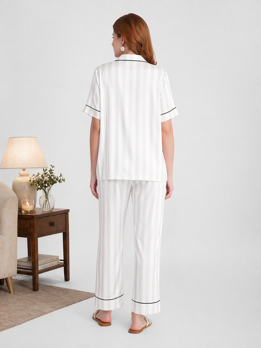 Ivory Lines Satin Pajama Set