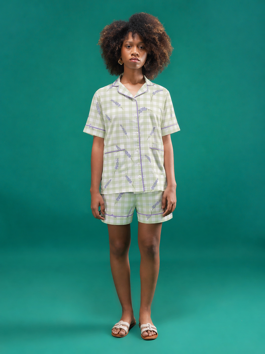 Lavender Meadow Checks Cotton Shorts Set