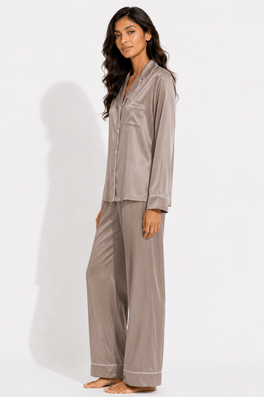 Taupe Satin Classic Pajama Set