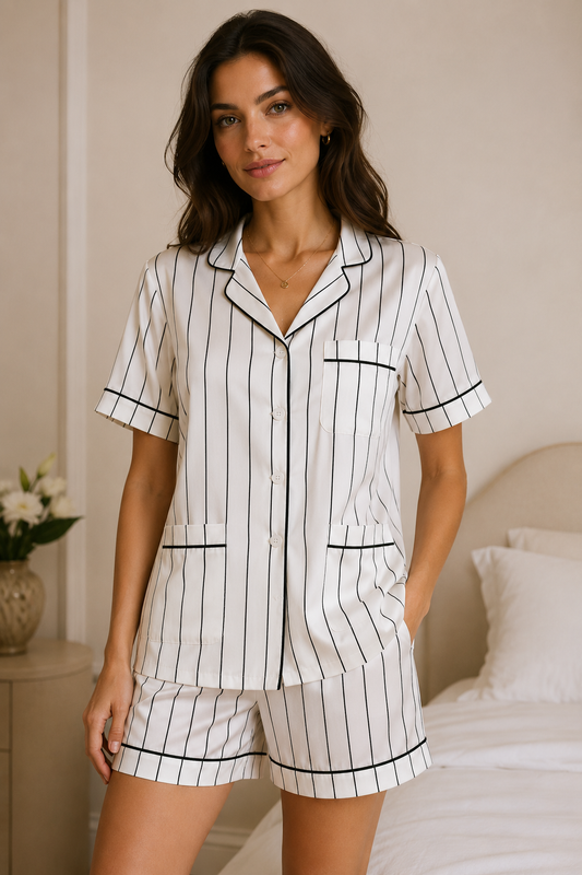 Midnight Pinstripe Satin Shorts Set