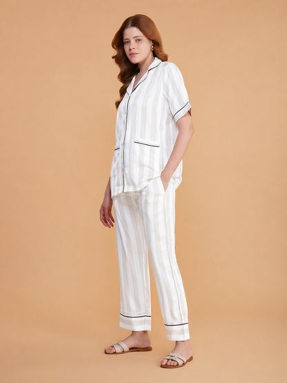 Ivory Lines Satin Pajama Set