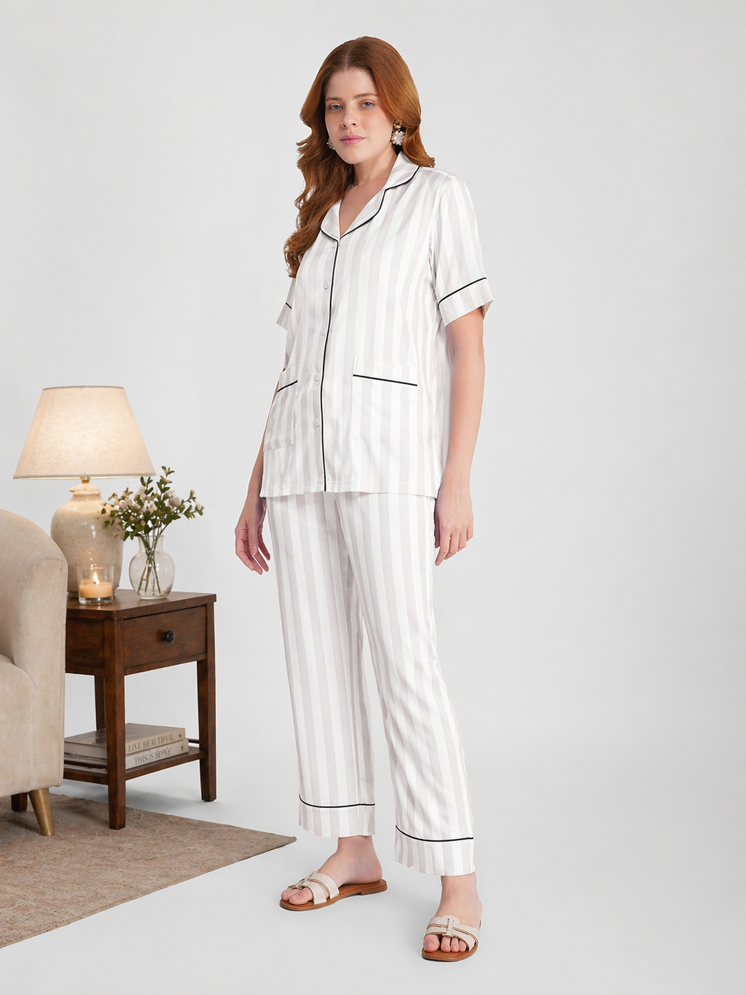 Ivory Lines Satin Pajama Set