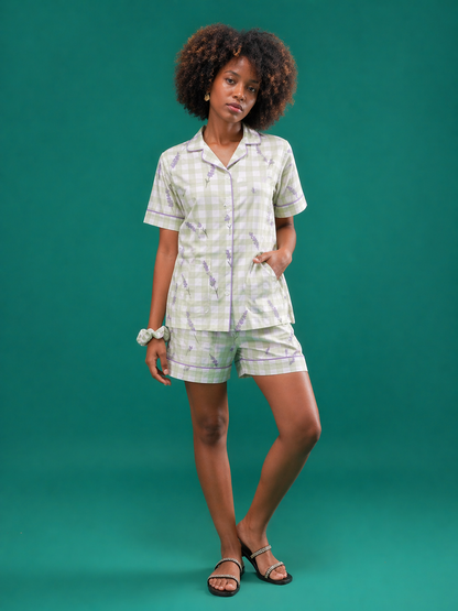 Lavender Meadow Checks Cotton Shorts Set