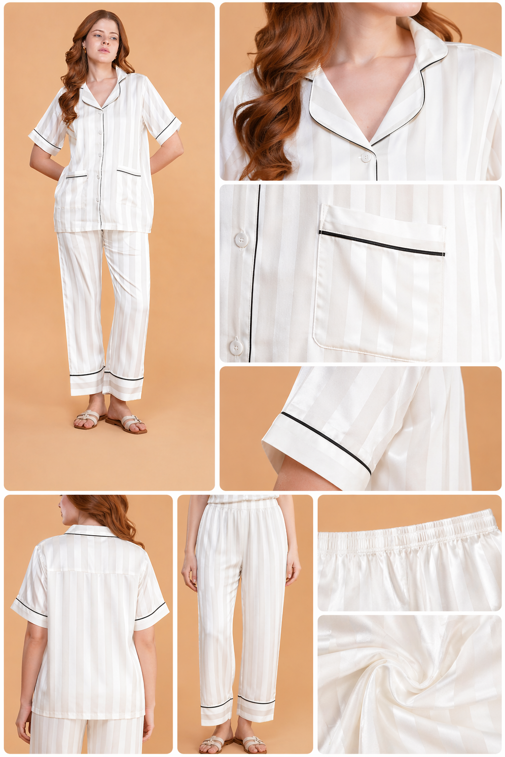 Ivory Lines Satin Pajama Set