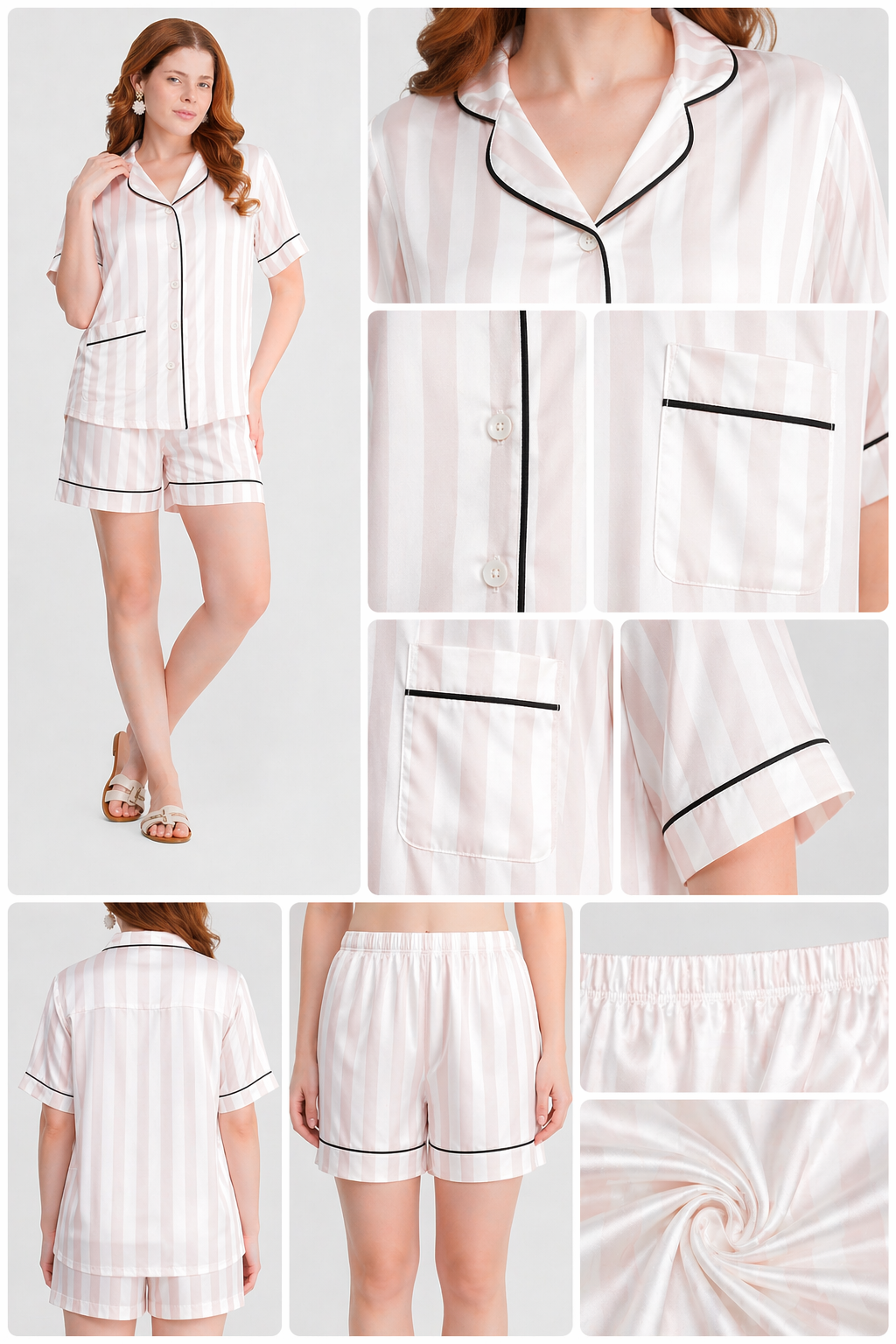 Ivory Lines Satin Shorts Set