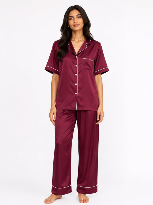 Claret Satin Pajama Set